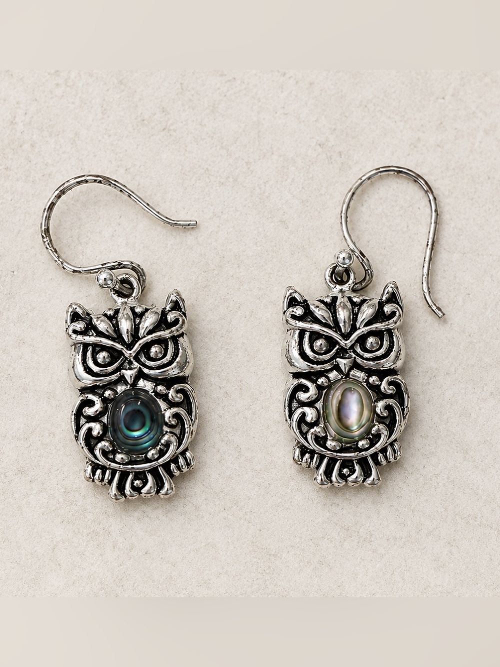 Silver Owl Dangle Earrings with Iridescent Abalone Accents